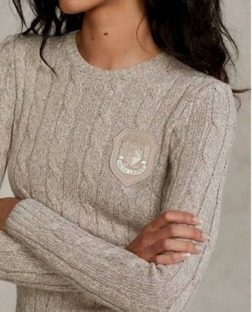 Pullover-Ralph-Lauren-Maglione-Donna-Trecce-Girocollo-In-Cotone-Beige-Melange