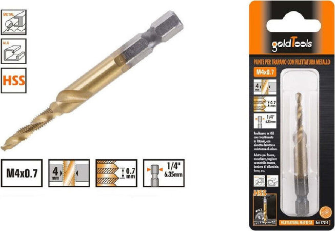 Punta Per Trapano M4x0.7 Mm In Titanio Hss Con Filettatura Metrica Metallo 57210 Fai da te/Utensili elettrici e a mano/Accessori per utensili elettrici/Set punte per trapani Trade Shop italia - Napoli, Commerciovirtuoso.it