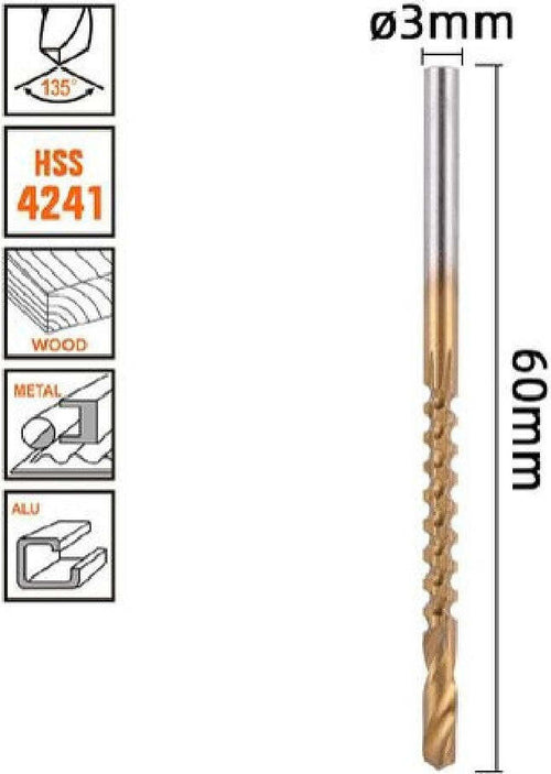 Punta Trapano Elicoidale Ø 3mmx60mm In Titanio Hss 4241 Per Metallo Legno 57147 Fai da te/Utensili elettrici e a mano/Accessori per utensili elettrici/Set punte per trapani Trade Shop italia - Napoli, Commerciovirtuoso.it