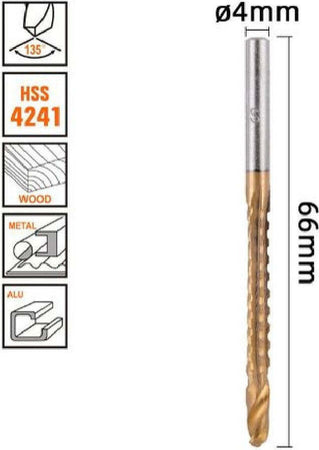Punta Trapano Elicoidale Ø4mm X 60mm In Titanio Hss 4241 Per Metallo Legno 57148 Fai da te/Utensili elettrici e a mano/Accessori per utensili elettrici/Set punte per trapani Trade Shop italia - Napoli, Commerciovirtuoso.it