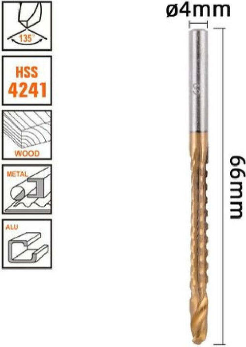 Punta Trapano Elicoidale Ø4mm X 60mm In Titanio Hss 4241 Per Metallo Legno 57148 Fai da te/Utensili elettrici e a mano/Accessori per utensili elettrici/Set punte per trapani Trade Shop italia - Napoli, Commerciovirtuoso.it