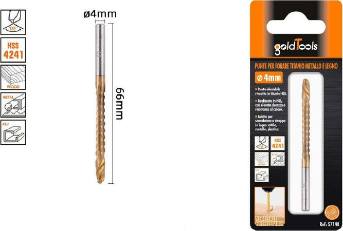 Punta Trapano Elicoidale Ø4mm X 60mm In Titanio Hss 4241 Per Metallo Legno 57148 Fai da te/Utensili elettrici e a mano/Accessori per utensili elettrici/Set punte per trapani Trade Shop italia - Napoli, Commerciovirtuoso.it