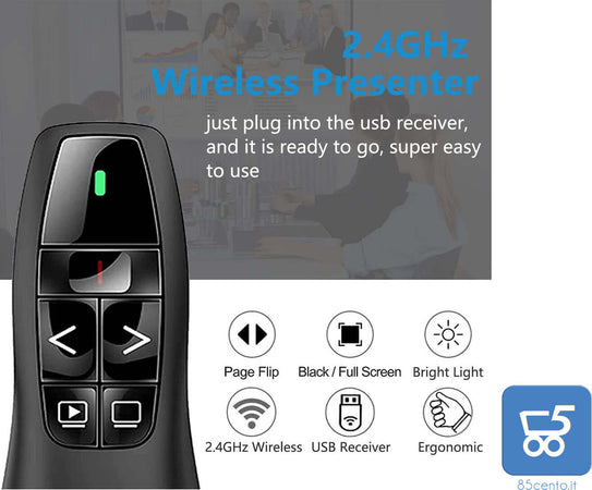 Puntatore Telecomando per Presentazioni Presenter Wireless USB 2.4 GHz per PowerPoint Slide PC Notebook – Laser Rosso Integrato