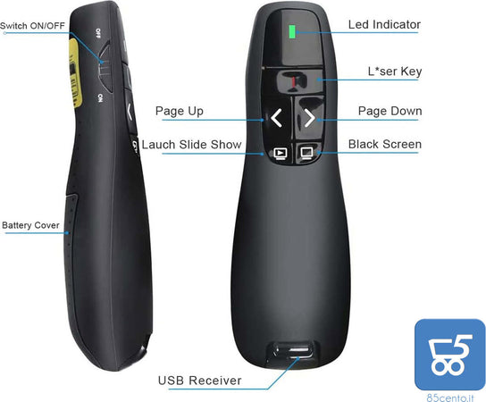 Puntatore Telecomando per Presentazioni Presenter Wireless USB 2.4 GHz per PowerPoint Slide PC Notebook – Laser Rosso Integrato