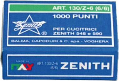 Punti 130-Z6 - 6-6 - acciaio zincato - metallo - Zenith - conf. 1000 pezzi [multipack] 10 pezzi Cancelleria e prodotti per ufficio/Archivio ufficio e accessori per scrivania/Spillatrici e perforatrici/Graffette Eurocartuccia - Pavullo, Commerciovirtuoso.it