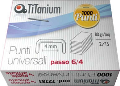 Punti universali - 6-4 - acciaio-zinco cromato - metallo - Titanium - conf. 1000 punti [multipack] 10 pezzi Cancelleria e prodotti per ufficio/Archivio ufficio e accessori per scrivania/Spillatrici e perforatrici/Graffette Eurocartuccia - Pavullo, Commerciovirtuoso.it