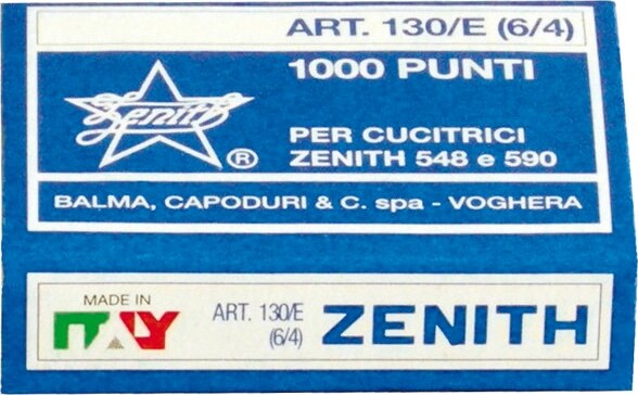 Punti Zenith 130-E S100 - 6-4 - acciaio naturale - metallo - Zenith - conf. 1000 pezzi [multipack] 100 pezzi Cancelleria e prodotti per ufficio/Archivio ufficio e accessori per scrivania/Spillatrici e perforatrici/Graffette Eurocartuccia - Pavullo, Commerciovirtuoso.it