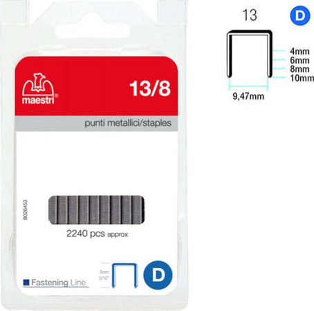 Punti zincati - 13-8 - 8 mm - metallo - Romeo Maestri - conf. 2240 pezzi Cancelleria e prodotti per ufficio/Archivio ufficio e accessori per scrivania/Spillatrici e perforatrici/Graffette Eurocartuccia - Pavullo, Commerciovirtuoso.it