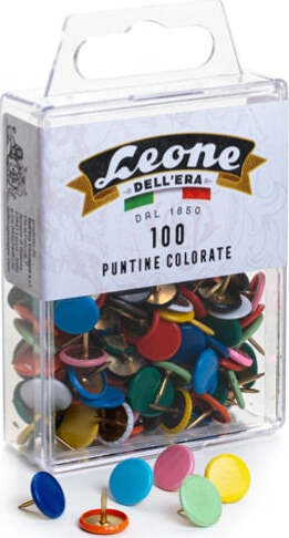 Puntine Leone Color - colori assortiti - Leone - conf. 100 pezzi Cancelleria e prodotti per ufficio/Archivio ufficio e accessori per scrivania/Nastri colle elastici e graffette/Puntine e ganci Eurocartuccia - Pavullo, Commerciovirtuoso.it