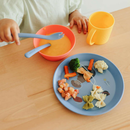 MINILAND Learning tableware Dream - set pappa educativo - bicchiere con manici, piatto piano, ciotola piatto fondo, posate - esploratore