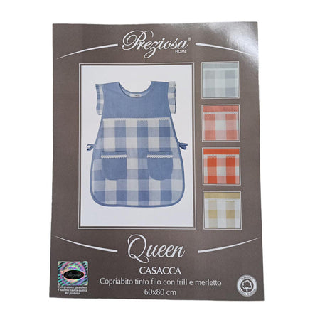 Casacca Queen Preziosa in cotone 100%, lavorata a mano, con stampa e frill tinta unita, dimensioni 60x80 cm, perfetta come copriabito elegante.