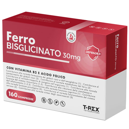 Ferro integratore 30 mg con acido folico e vitamina b2-160 compresse - per globuli rossi, ossigeno, sistema immunitario, stanchezza e benessere mentale