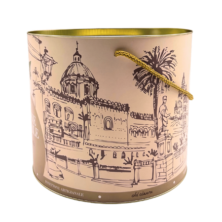 Tesori di sicilia panettone artigianale al cioccolato 1kg, latta siciliana "ù ciauru di palermo" panettone a lievitazione naturale, con mazzo di carte siciliano omaggio
