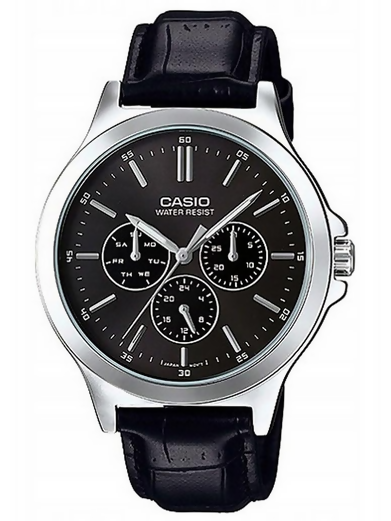 Orologio Casio da uomo, MTP-V300L-1A, cinturino in pelle nero con quadrante nero, cronografo movimento al quarzo