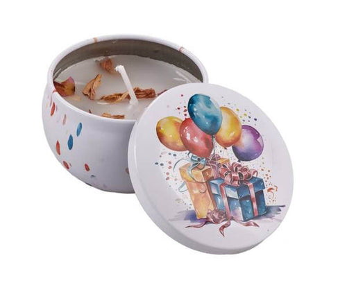 Candela tonda in scatola decorata “Happy B.Day Ballon” TN87/H Special Gifts, diametro 6 cm, altezza 4 cm, ideale per compleanni e feste.