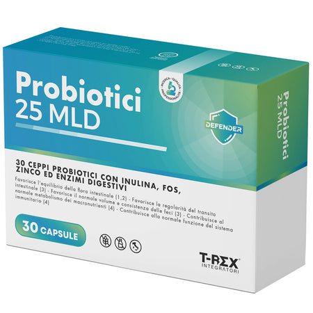 T-rex integratori Probiotici 25 MLD con 30 ceppi. Con prebiotici (Inulina e FOS), Zinco ed enzimi digestivi Fibrazyme™ - 30 capsule