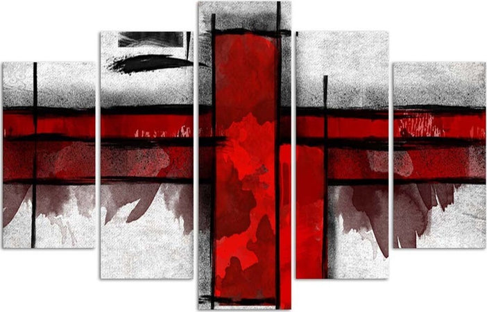 Quadri-Quadro-5-pezzi-Stampa-su-tela-Astratto-Bianco-Rosso