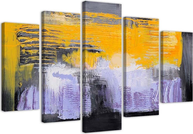 Quadri-Quadro-5-pezzi-Stampa-su-tela-Astrazione-Giallo-Viola