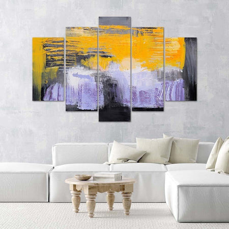 Quadri-Quadro-5-pezzi-Stampa-su-tela-Astrazione-Giallo-Viola
