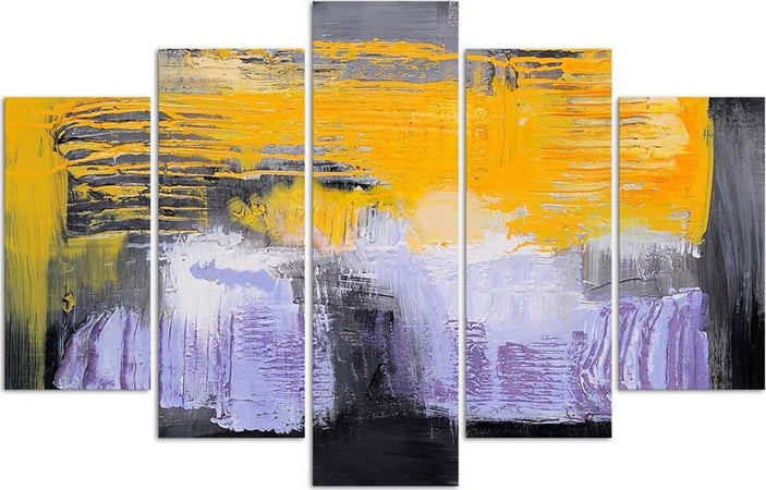 Quadri-Quadro-5-pezzi-Stampa-su-tela-Astrazione-Giallo-Viola