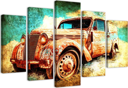 Quadri-Quadro-5-pezzi-Stampa-su-tela-Auto-Retro-Vintage