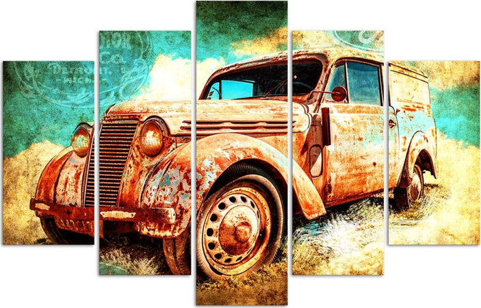 Quadri-Quadro-5-pezzi-Stampa-su-tela-Auto-Retro-Vintage