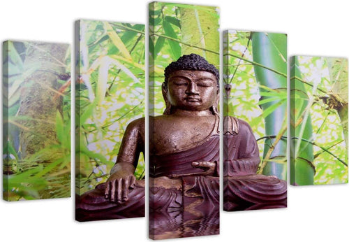 Quadri-Quadro-5-pezzi-Stampa-su-tela-Buddha-Meditazione-Verde