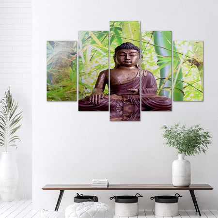 Quadri-Quadro-5-pezzi-Stampa-su-tela-Buddha-Meditazione-Verde