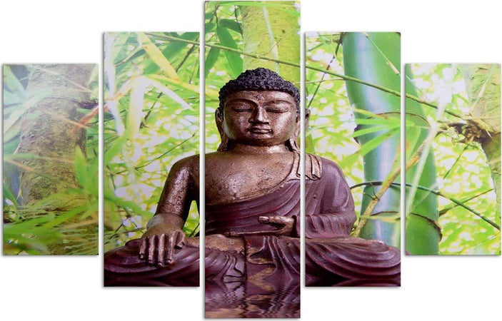 Quadri-Quadro-5-pezzi-Stampa-su-tela-Buddha-Meditazione-Verde