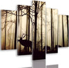 Quadri-Quadro-5-pezzi-Stampa-su-tela-Cervi-nella-foresta-Nebbia-Marrone