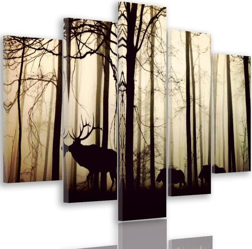 Quadri-Quadro-5-pezzi-Stampa-su-tela-Cervi-nella-foresta-Nebbia-Marrone
