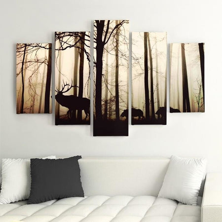 Quadri-Quadro-5-pezzi-Stampa-su-tela-Cervi-nella-foresta-Nebbia-Marrone