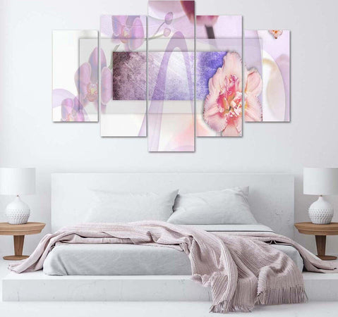 Quadri-Quadro-5-pezzi-Stampa-su-tela-fiore-astrazione-viola