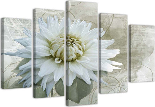 Quadri-Quadro-5-pezzi-Stampa-su-tela-Fiore-Bianco-Beige-Vintage
