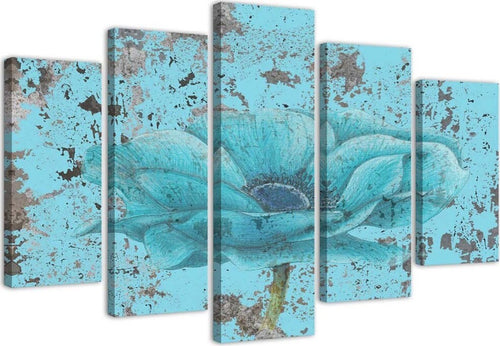 Quadri-Quadro-5-pezzi-Stampa-su-tela-Fiore-blu-vintage