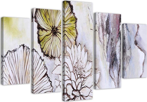 Quadri-Quadro-5-pezzi-Stampa-su-tela-Fiori-acquerellati-Beige