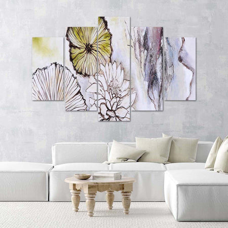 Quadri-Quadro-5-pezzi-Stampa-su-tela-Fiori-acquerellati-Beige