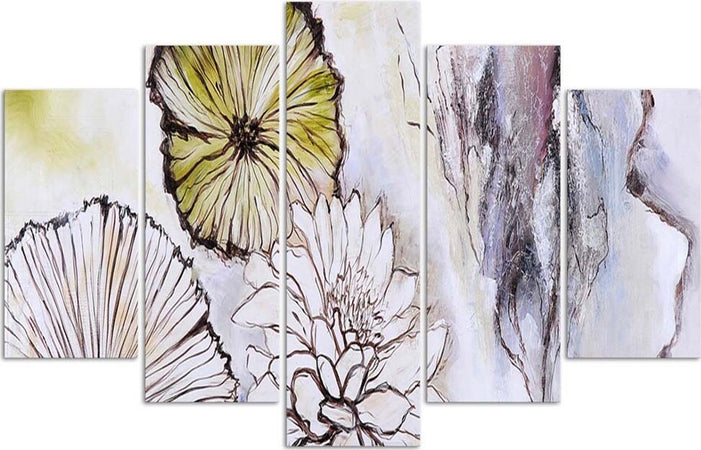 Quadri-Quadro-5-pezzi-Stampa-su-tela-Fiori-acquerellati-Beige