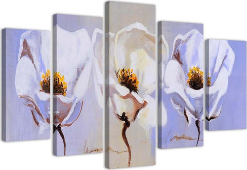 Quadri-Quadro-5-pezzi-Stampa-su-tela-Fiori-Bianco-Natura