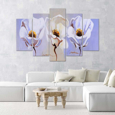 Quadri-Quadro-5-pezzi-Stampa-su-tela-Fiori-Bianco-Natura