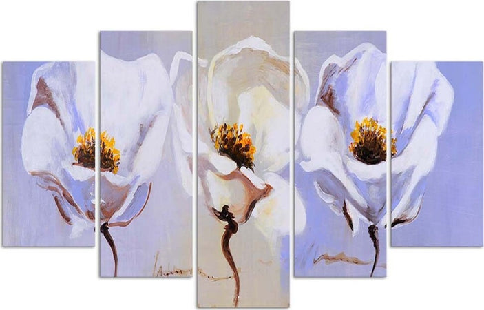 Quadri-Quadro-5-pezzi-Stampa-su-tela-Fiori-Bianco-Natura