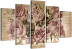 Quadri-Quadro-5-pezzi-Stampa-su-tela-Fiori-di-rose-rosa