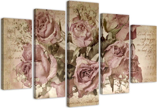 Quadri-Quadro-5-pezzi-Stampa-su-tela-Fiori-di-rose-rosa