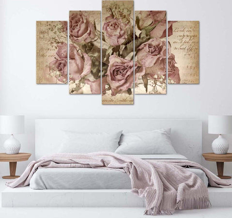 Quadri-Quadro-5-pezzi-Stampa-su-tela-Fiori-di-rose-rosa