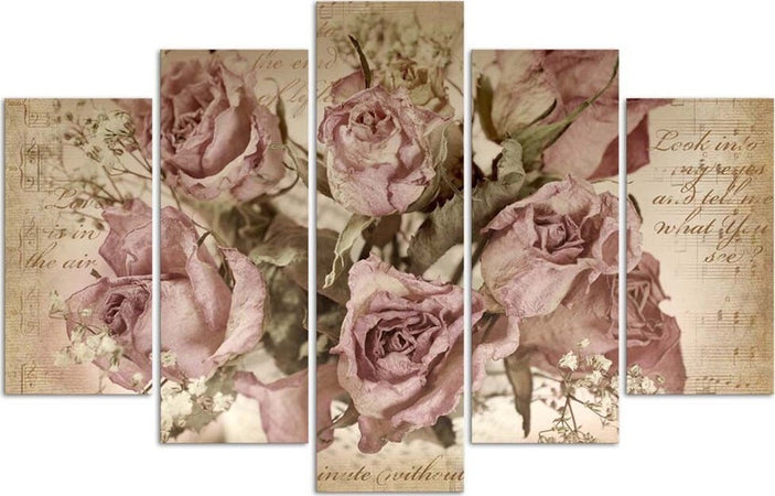 Quadri-Quadro-5-pezzi-Stampa-su-tela-Fiori-di-rose-rosa