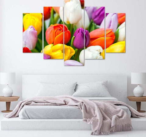 Quadri-Quadro-5-pezzi-Stampa-su-tela-Fiori-di-tulipani-colorati