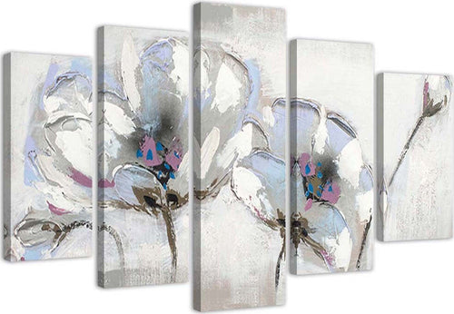 Quadri-Quadro-5-pezzi-Stampa-su-tela-Fiori-dipinti-bianchi