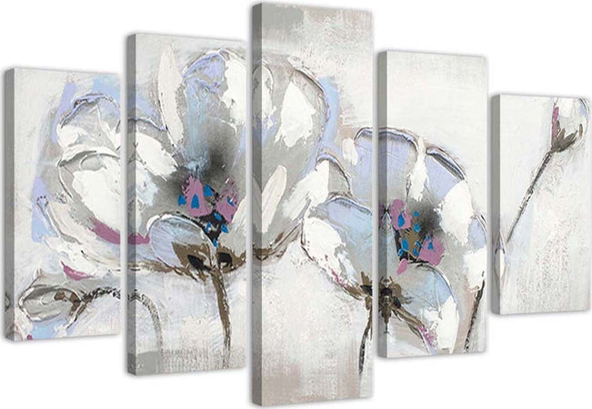 Quadri-Quadro-5-pezzi-Stampa-su-tela-Fiori-dipinti-bianchi