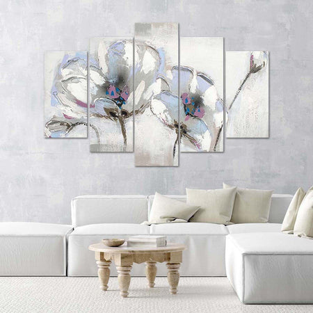 Quadri-Quadro-5-pezzi-Stampa-su-tela-Fiori-dipinti-bianchi