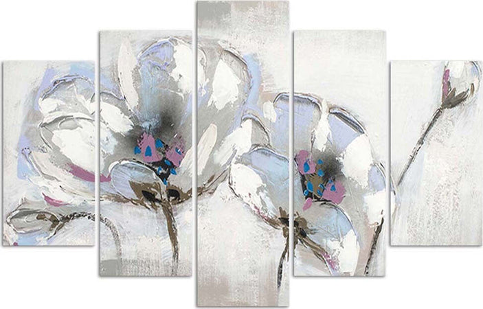 Quadri-Quadro-5-pezzi-Stampa-su-tela-Fiori-dipinti-bianchi